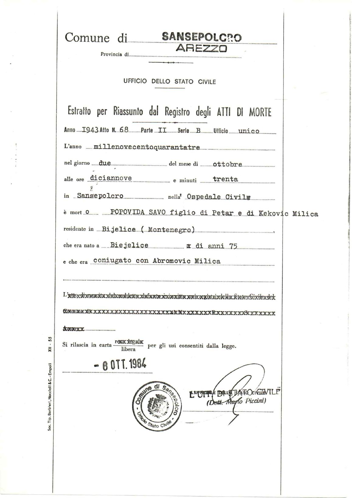 Izvod iz matične knjige umrlih za Sava Perova Popivodu — pregled dokumenta