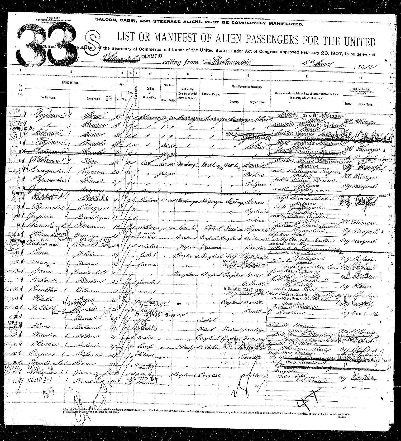 Ellis Island Foundation, Blagoje i Špiro, Olimpic 20 Mart 1912g
