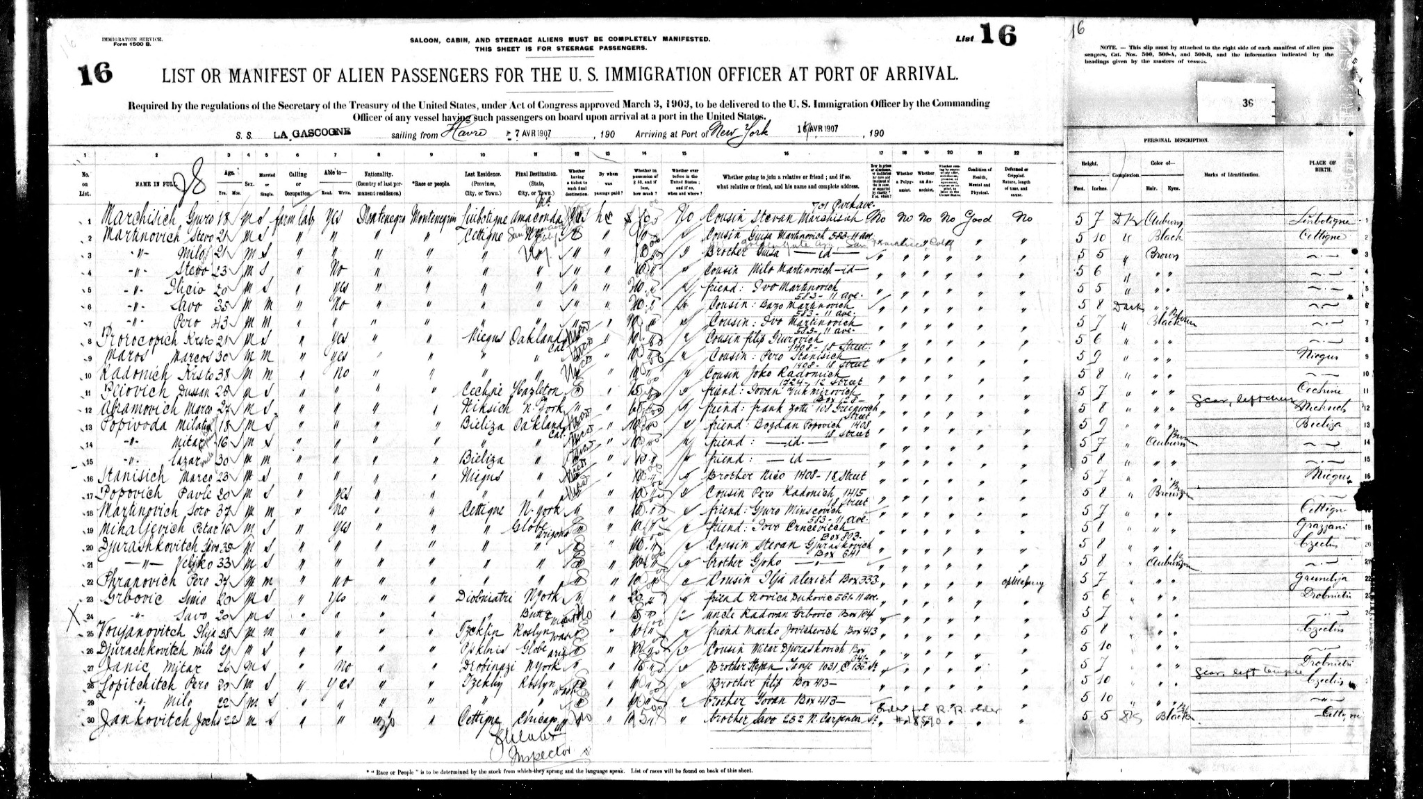 Ellis Island Foundation, Lazar, Mitar i Milutin, La Gascogne 16 April 1907